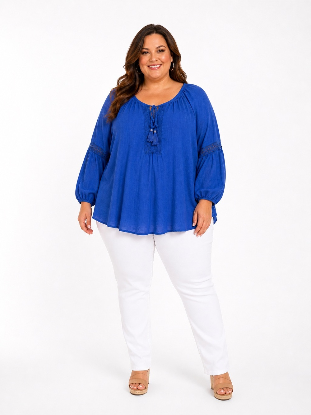 Lane Bryant Cobalt Blue Peasant Tunic with Tassel Tie 100% Cotton - 0491